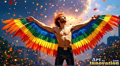 Arms spread wide in the city, a shirtless man wears colorful rainbow-hued wings
