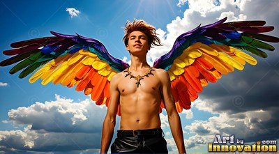 A shirtless man stands under a sunny blue sky wearing multicolored wings of feathers