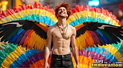 At a sunlit street parade, a smiling shirtless man wears large pride rainbow wings