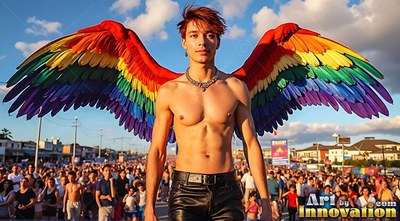 Standing outdoors, a shirtless young man wears rainbow wings above a crowd