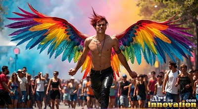 Shirtless man with colorful wings marches in a crowded street parade