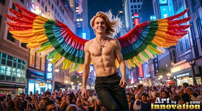 Shirtless smiling man with flowing blond hair wears multicolored wings above a crowded street