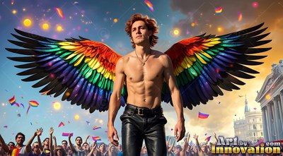 A shirtless man spreads rainbow wings above a cheering crowd under warm evening light