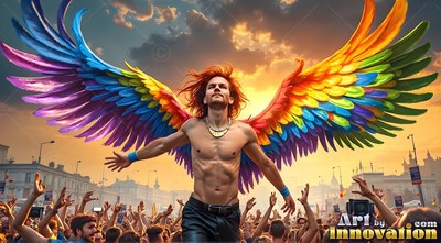 Arms spread wide at a parade, a shirtless man wears large rainbow-hued wings
