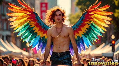 A shirtless man walks down a sunny street wearing rainbow-hued wings of feathers