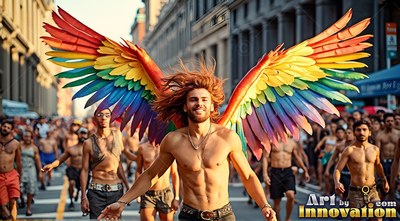 On a crowded urban street, a smiling shirtless man wears large bright rainbow wings