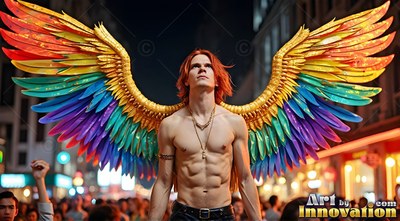 Standing in a crowd, a shirtless man looks up while wearing multicolored wings