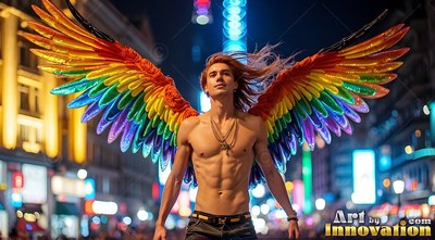 Shirtless man with long hair wearing rainbow-hued wings on an urban street