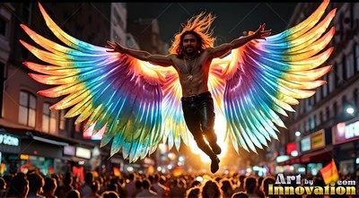 Wearing bright multicolored wings, a shirtless man leaps above a crowded urban street at dusk