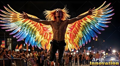 A shirtless man leaps above a night crowd with outstretched multicolored wings lit from behind