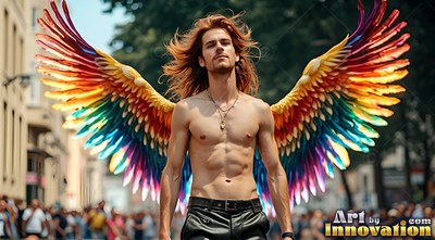 Facing forward on a city street, a shirtless man wears colorful pride rainbow wings