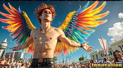 A shirtless man with spread rainbow wings opens his arms at a sun-drenched street parade