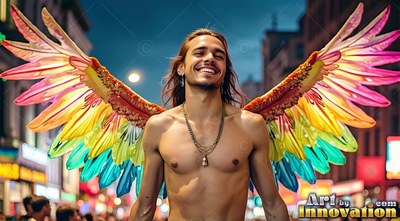 On a crowded urban street, a smiling bare-chested man wears rainbow feathered wings