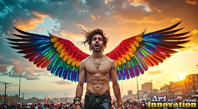 Walking at sunset, a shirtless man wears large feathered rainbow wings above a crowd