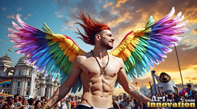 Shirtless man wearing pride rainbow wings smiles at a crowded parade at sunset