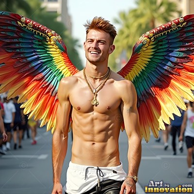 Gold chains rest on the chest of a shirtless smiling man wearing multicolored wings on a sunny street