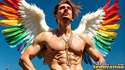 Looking up under an open sky, a shirtless man wears large rainbow feathered wings