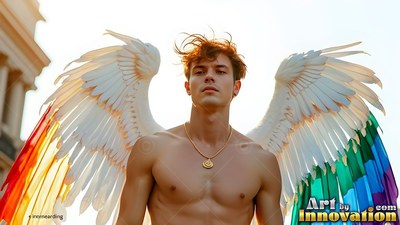 Under a pale sky, a shirtless young man wears white feathered wings tipped with rainbow colors