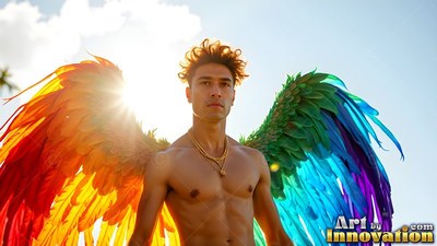 Shirtless man wearing multicolored wings in bright sunlight