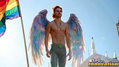 A shirtless man with pastel feathered wings stands outdoors near a rainbow flag under the sky