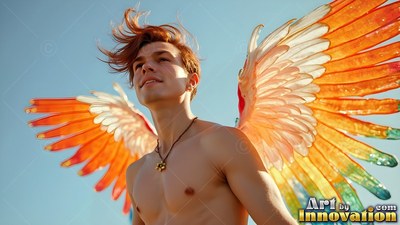 A shirtless man with windblown hair looks up while wearing orange wings