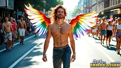 On a sunlit street, a shirtless man walks wearing bright rainbow-hued wings