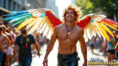 Walking down a bright street, a shirtless man smiles wearing colorful wings