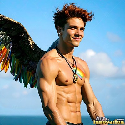Shirtless smiling man with bright rainbow wings against a blue sky