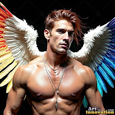 Silver chains rest on a shirtless man with rainbow feathered wings against black