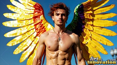 A shirtless man stands under a clear sky with bright yellow wings spread out behind him