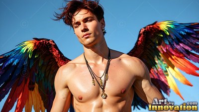 Facing forward under a clear blue sky, a man without a shirt wears bright rainbow wings of feathers