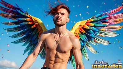 A shirtless man wears large colorful wings under a bright blue sky