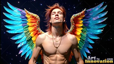 Under a starry night sky, a shirtless man wears large rainbow feather wings