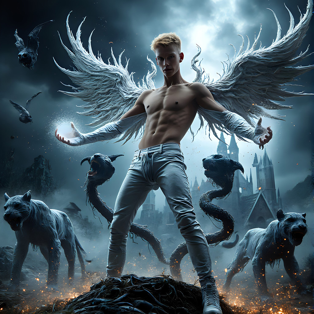 AI male art photos with a fantastical atmosphere of a House Gryffindor of Hogwarts School of Witchcraft student, from the Harry Potter series, a handsome, beautiful, and attractive, shirtless young teenage boy, standing firm against a threat.