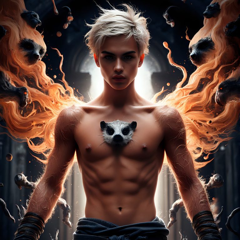 AI male art photos with a fantastical atmosphere of a House Hufflepuff of Hogwarts School of Witchcraft student, from the Harry Potter series, a handsome, beautiful, and attractive, shirtless young teenage boy, standing firm against a threat.