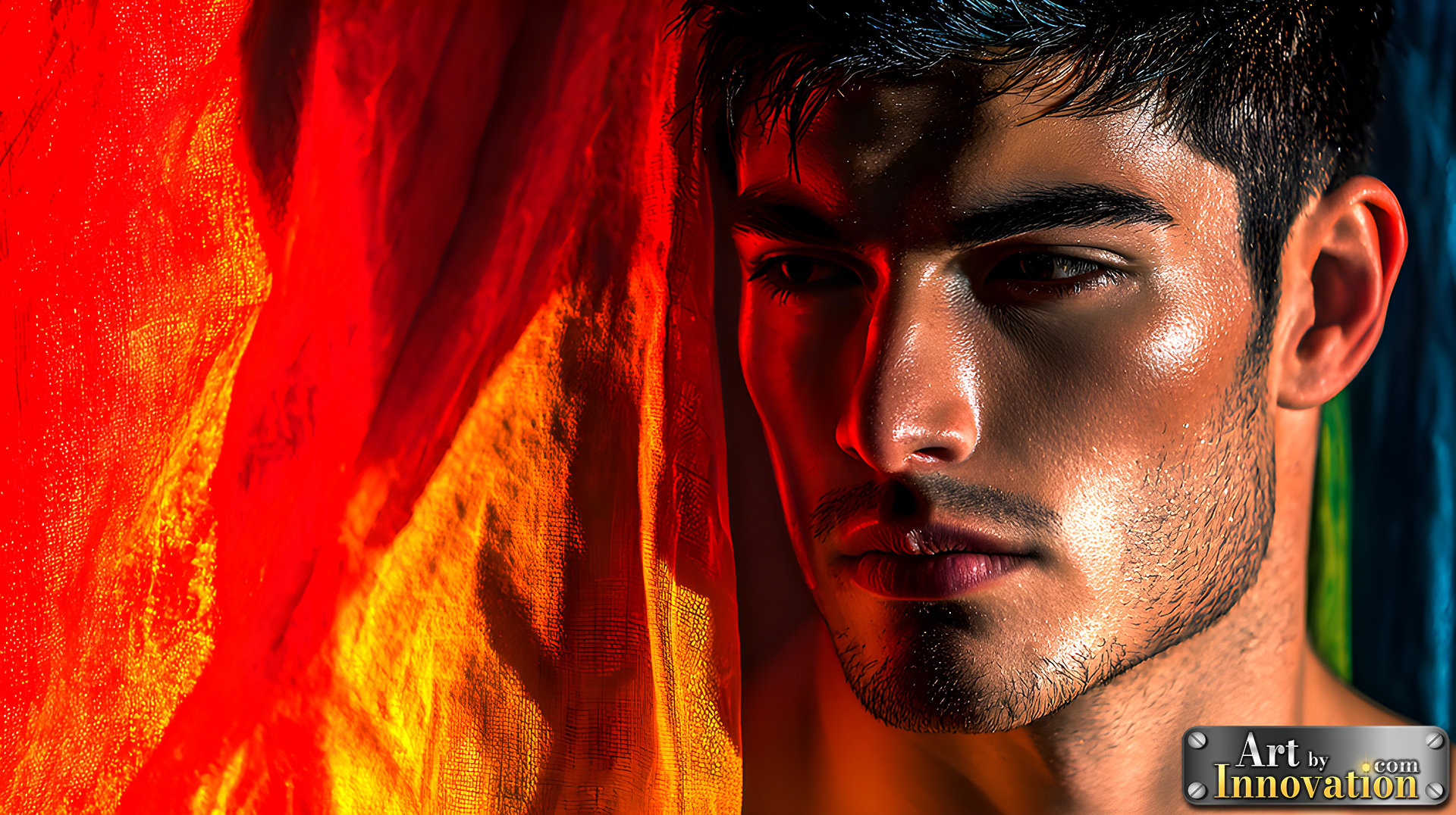 AI-generated art capturing men in a rainbow of colors creates a striking visual impact.