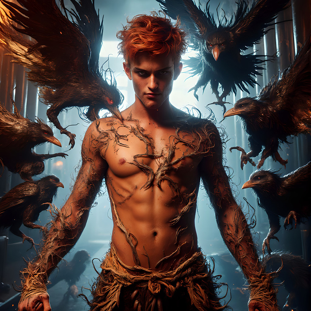 AI male art photos with a fantastical atmosphere of a House Ravenclaw of Hogwarts School of Witchcraft student, from the Harry Potter series, a handsome, beautiful, and attractive, shirtless young teenage boy, standing firm against a threat.
