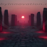 A cinematic shot of a long forgotten gothic ruins, where the forces of evil and good once battled. The picture was at twilight, with the suns rays casting long, macabre shadows, punctuated by sharp crepuscular rays breaking through the red mist. UHD wallpapers. Fantasy desktop backgrounds by Art by Innovation. A stone circle of tall monoliths along a cobbled path, glowing red at the base as a red sunset sinks on the horizon.