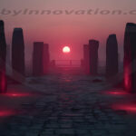 A cinematic shot of a long forgotten gothic ruins, where the forces of evil and good once battled. The picture was at twilight, with the suns rays casting long, macabre shadows, punctuated by sharp crepuscular rays breaking through the red mist. UHD wallpapers. Fantasy desktop backgrounds by Art by Innovation. A stone circle of tall monoliths along a cobbled path, glowing red at the base as a red sunset sinks on the horizon.