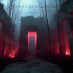 A cinematic shot of a long forgotten gothic ruins, where the forces of evil and good once battled. The picture was at twilight, with the suns rays casting long, macabre shadows, punctuated by sharp crepuscular rays breaking through the red mist. UHD wallpapers. Fantasy desktop backgrounds by Art by Innovation. Ruined stone columns in a dark forest, red glow along the ground, a red-lit doorway at the center fading into a bright inner doorway.