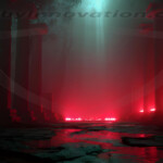 A cinematic shot of a long forgotten gothic ruins, where the forces of evil and good once battled. The picture was at twilight, with the suns rays casting long, macabre shadows, punctuated by sharp crepuscular rays breaking through the red mist. UHD wallpapers. Fantasy desktop backgrounds by Art by Innovation. Dark, ancient temple ruin illuminated by red neon lights casting reflections on a cracked floor and foggy air.