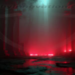 A cinematic shot of a long forgotten gothic ruins, where the forces of evil and good once battled. The picture was at twilight, with the suns rays casting long, macabre shadows, punctuated by sharp crepuscular rays breaking through the red mist. UHD wallpapers. Fantasy desktop backgrounds by Art by Innovation. Dark, ancient temple ruin illuminated by red neon lights casting reflections on a cracked floor and foggy air.