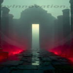 A cinematic shot of a long forgotten gothic ruins, where the forces of evil and good once battled. The picture was at twilight, with the suns rays casting long, macabre shadows, punctuated by sharp crepuscular rays breaking through the red mist. UHD wallpapers. Fantasy desktop backgrounds by Art by Innovation. Ancient stone ruins with tall pillars, a bright rectangular doorway at the end of a dark stone path, glowing red embers along the sides.