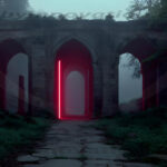 A cinematic shot of a long forgotten gothic ruins, where the forces of evil and good once battled. The picture was at twilight, with the suns rays casting long, macabre shadows, punctuated by sharp crepuscular rays breaking through the red mist. UHD wallpapers. Fantasy desktop backgrounds by Art by Innovation. Ruined stone arches in a dark forest with a glowing red neon doorway at the center.