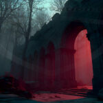 A cinematic shot of a long forgotten gothic ruins, where the forces of evil and good once battled. The picture was at twilight, with the suns rays casting long, macabre shadows, punctuated by sharp crepuscular rays breaking through the red mist. UHD wallpapers. Fantasy desktop backgrounds by Art by Innovation. Ruined stone arches in a dark forest, with blue shadows on the left and red light glowing through the right side.