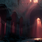 A cinematic shot of a long forgotten gothic ruins, where the forces of evil and good once battled. The picture was at twilight, with the suns rays casting long, macabre shadows, punctuated by sharp crepuscular rays breaking through the red mist. UHD wallpapers. Fantasy desktop backgrounds by Art by Innovation. Sunbeams pierce a ruined Gothic hall, casting red light through arched windows onto crumbling stone floor.