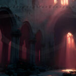 A cinematic shot of a long forgotten gothic ruins, where the forces of evil and good once battled. The picture was at twilight, with the suns rays casting long, macabre shadows, punctuated by sharp crepuscular rays breaking through the red mist. UHD wallpapers. Fantasy desktop backgrounds by Art by Innovation. Sunbeams pierce a ruined Gothic hall, casting red light through arched windows onto crumbling stone floor.