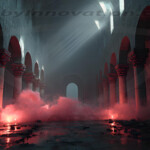 A cinematic shot of a long forgotten gothic ruins, where the forces of evil and good once battled. The picture was at twilight, with the suns rays casting long, macabre shadows, punctuated by sharp crepuscular rays breaking through the red mist. UHD wallpapers. Fantasy desktop backgrounds by Art by Innovation. Ruined hall with high arches and columns, illuminated by a red glow and swirling fog on a dark, atmospheric floor.