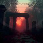 A cinematic shot of a long forgotten gothic ruins, where the forces of evil and good once battled. The picture was at twilight, with the suns rays casting long, macabre shadows, punctuated by sharp crepuscular rays breaking through the red mist. UHD wallpapers. Fantasy desktop backgrounds by Art by Innovation. Dim forest with ancient stone arches and pillars, glowing red sunset visible through a ruined gateway center-stage.