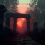 A cinematic shot of a long forgotten gothic ruins, where the forces of evil and good once battled. The picture was at twilight, with the suns rays casting long, macabre shadows, punctuated by sharp crepuscular rays breaking through the red mist. UHD wallpapers. Fantasy desktop backgrounds by Art by Innovation. Dim forest with ancient stone arches and pillars, glowing red sunset visible through a ruined gateway center-stage.